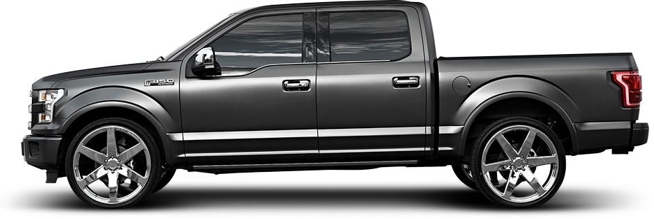 A dark gray Ford F-150 crew cab pickup truck with large chrome rims, shown in profile against a white background. | Airpark Auto Pros