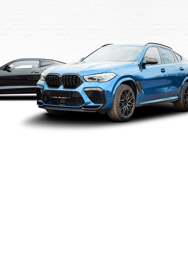 A blue BMW X6 M sits in the foreground with a partially visible black car behind it against a white background. | Airpark Auto Pros