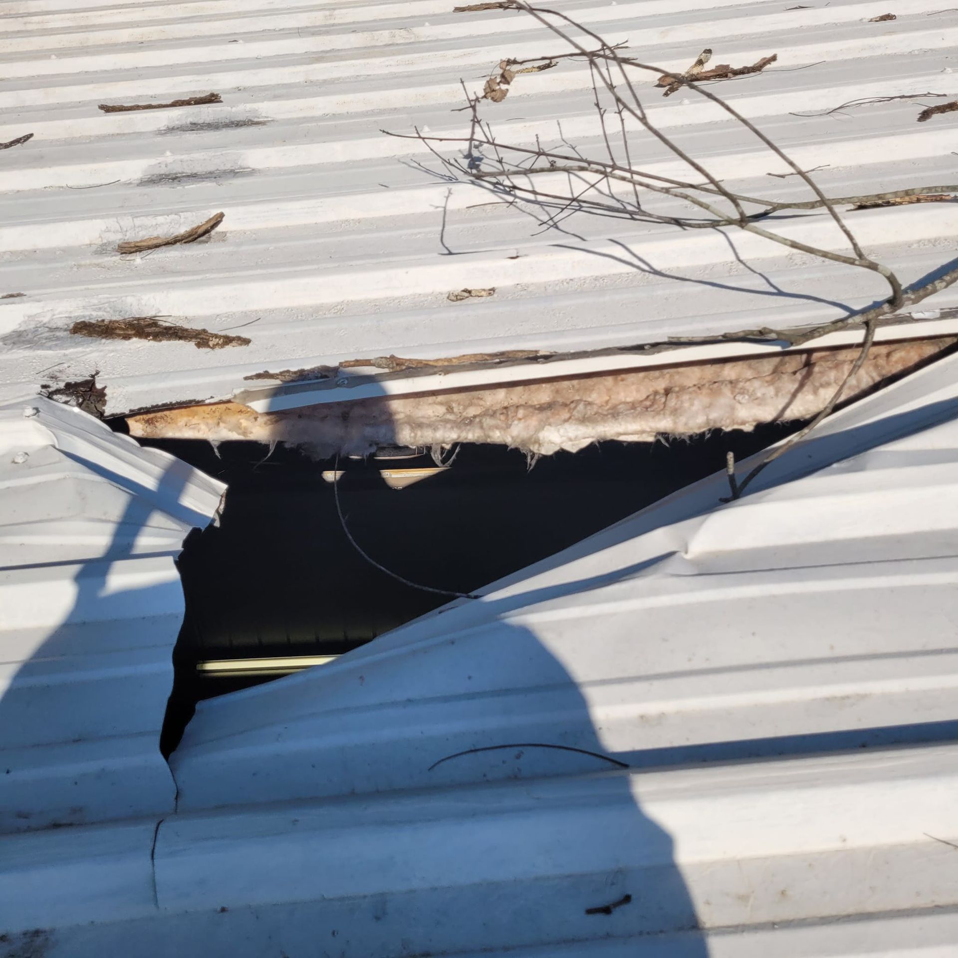 Damaged corrugated metal roof with a large hole, wooden supports visible, branch debris.
