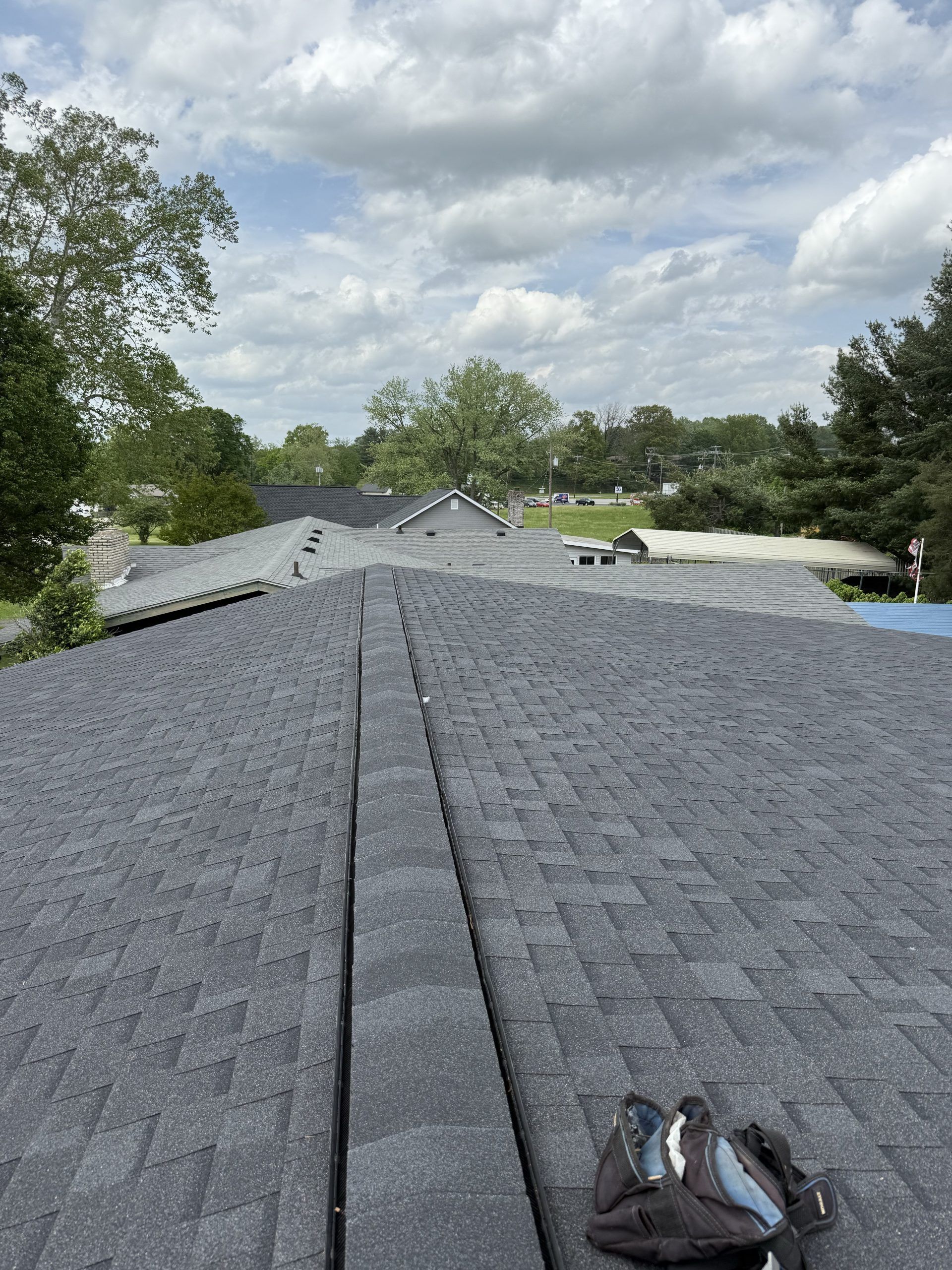 View from a rooftop with dark shingles, a cloudy sky, and trees in the background.
