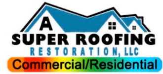 Logo for A Super Roofing Restoration, LLC. Features a blue roof design above black text and a colorful bar below.