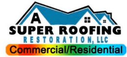Logo for A Super Roofing Restoration, LLC. Features a blue roof design above black text and a colorful bar below.