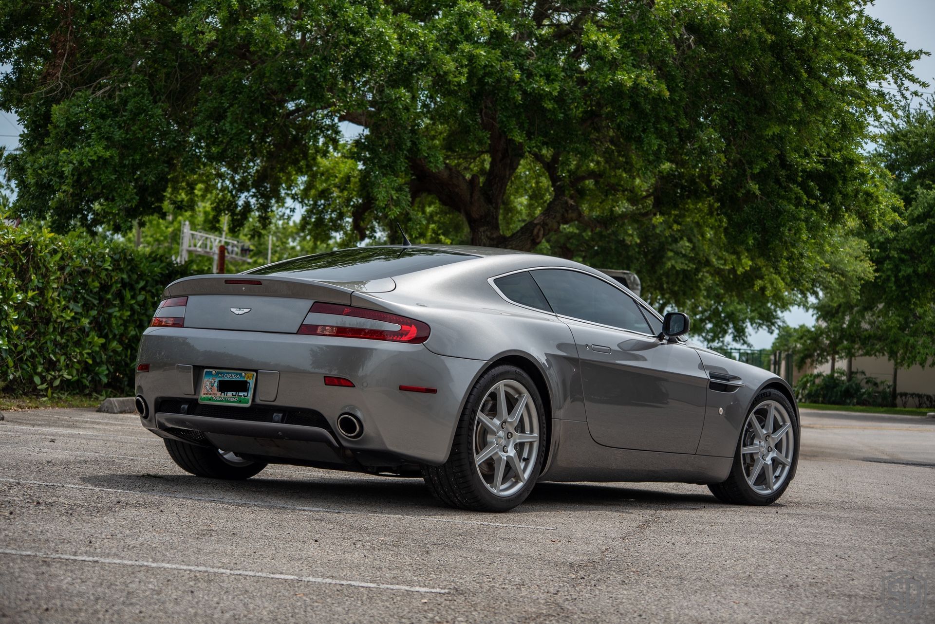 A silver sports car is parked in a parking lot next to a tree.