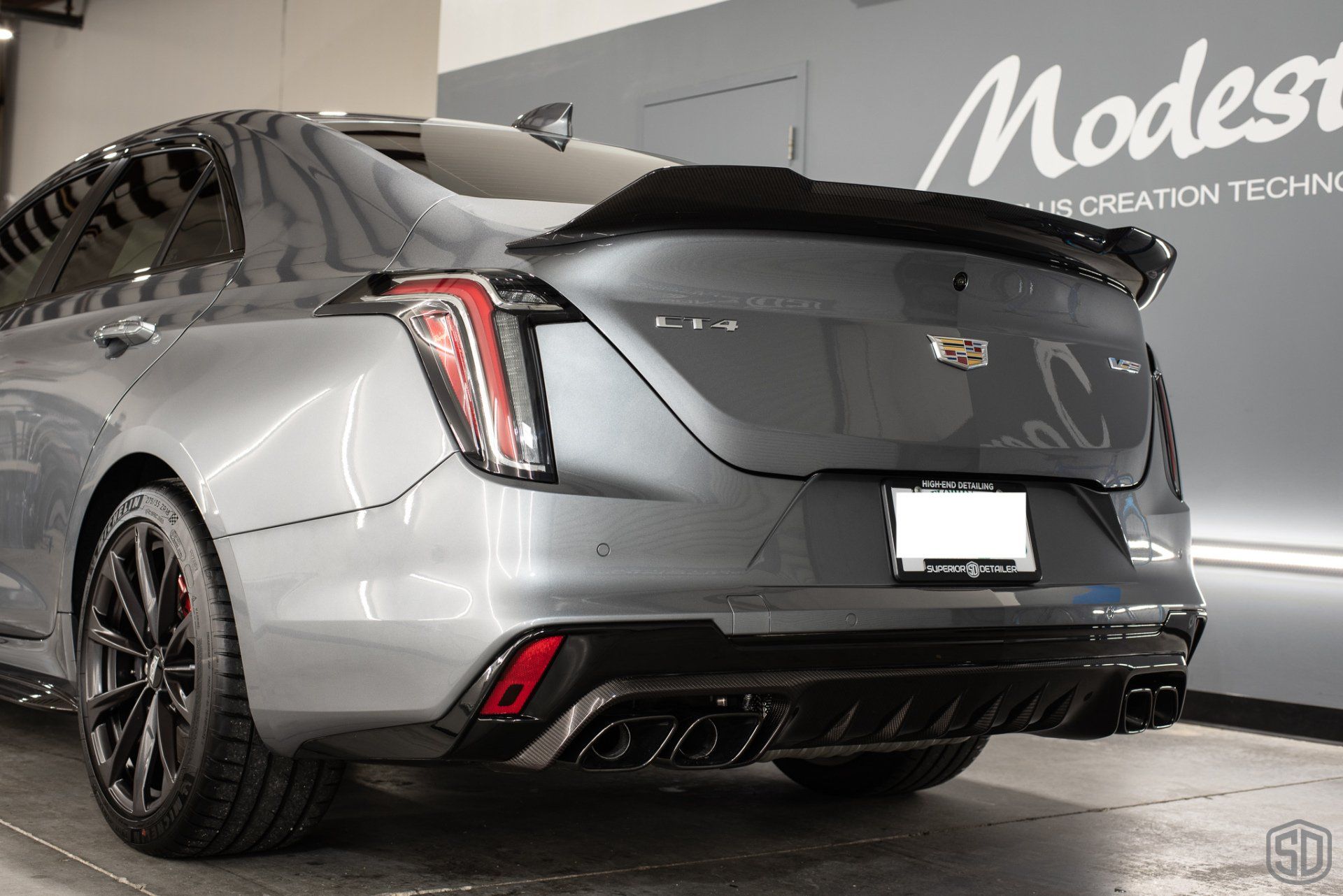 2022 Cadillac CT4 Blackwing Detailing, Paint Correction, Paint Protection Film, Modesta BC-06 Wheel and Caliper Protection, Modesta BC-05 Advanced Glass Coating Rear close up Orlando, Florida