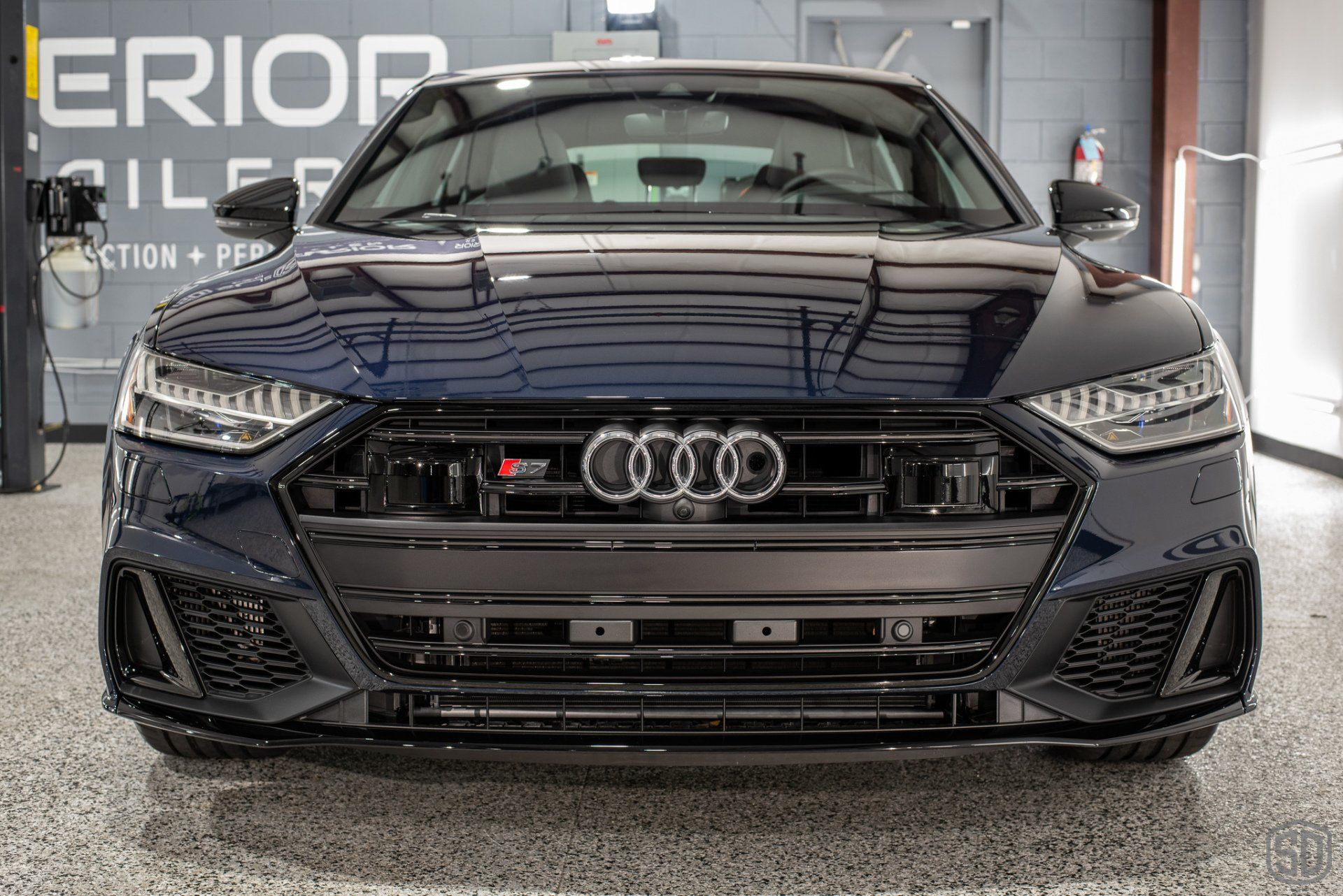 Audi S7 Preparation Detail, Paint Correction, Modesta Primer, Front Paint Protection Film, Modesta Leather Protection System, Modesta BC-06 Wheel Coating, Modesta Glass Coating front end view Orlando