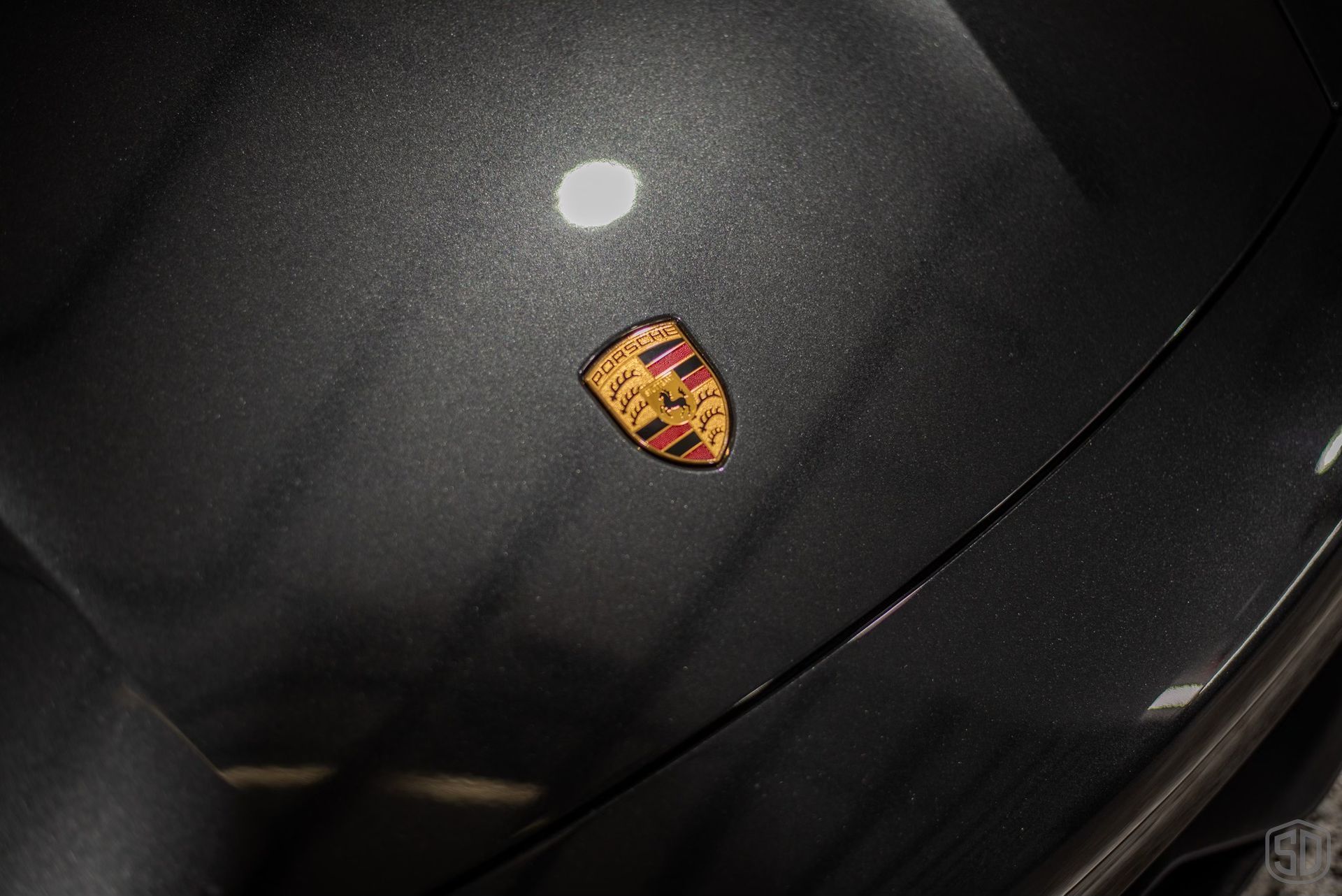 A close up of a porsche logo on the hood of a car.