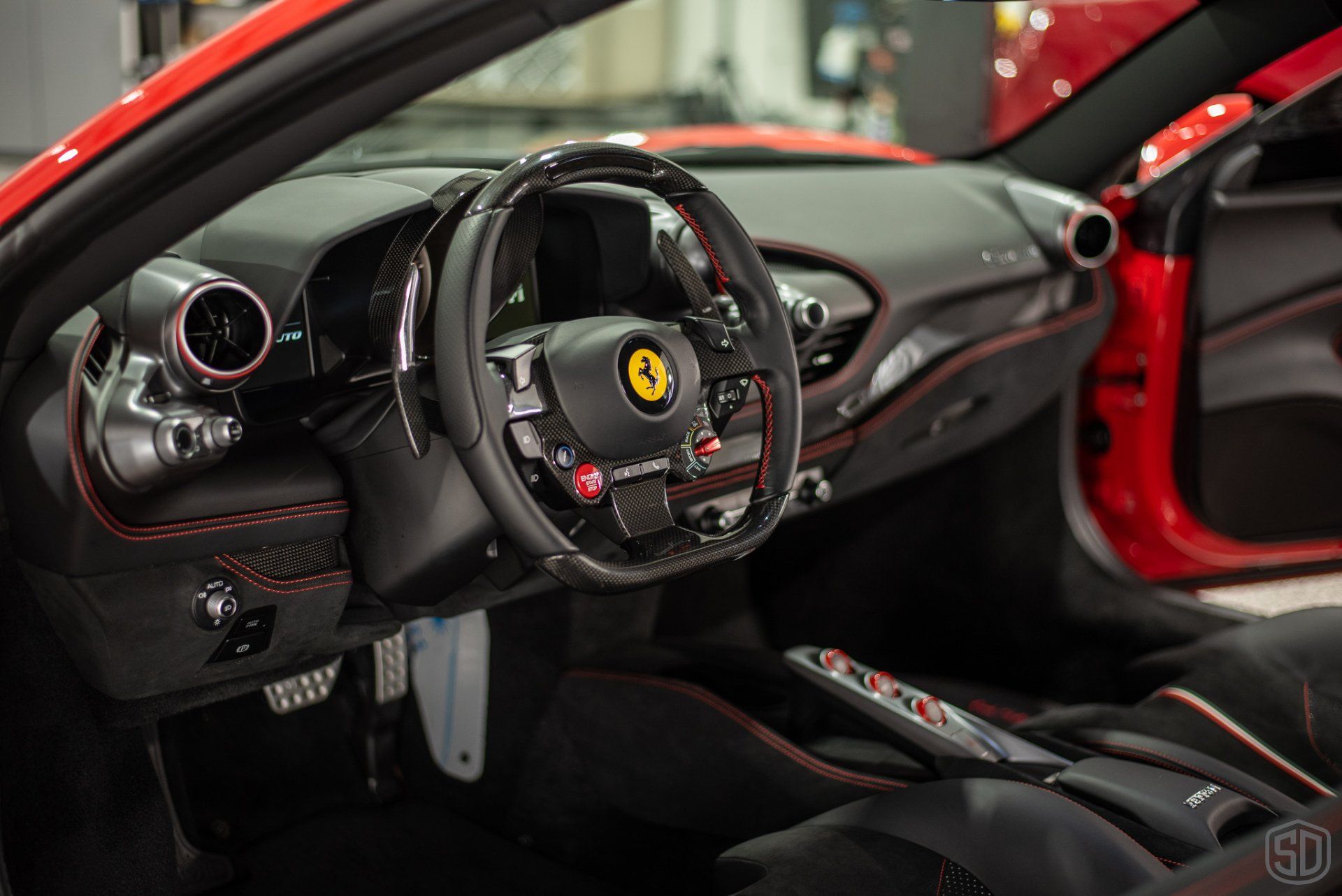 Ferrari F8 Tributo Full body PPF, Dynoflex Windshield Protection Film, Modesta BC-06 Wheel Coating, Modesta BC-05 Advanced Water-Repellent Glass Coating, Modesta Leather Protection System Interior View Orlando