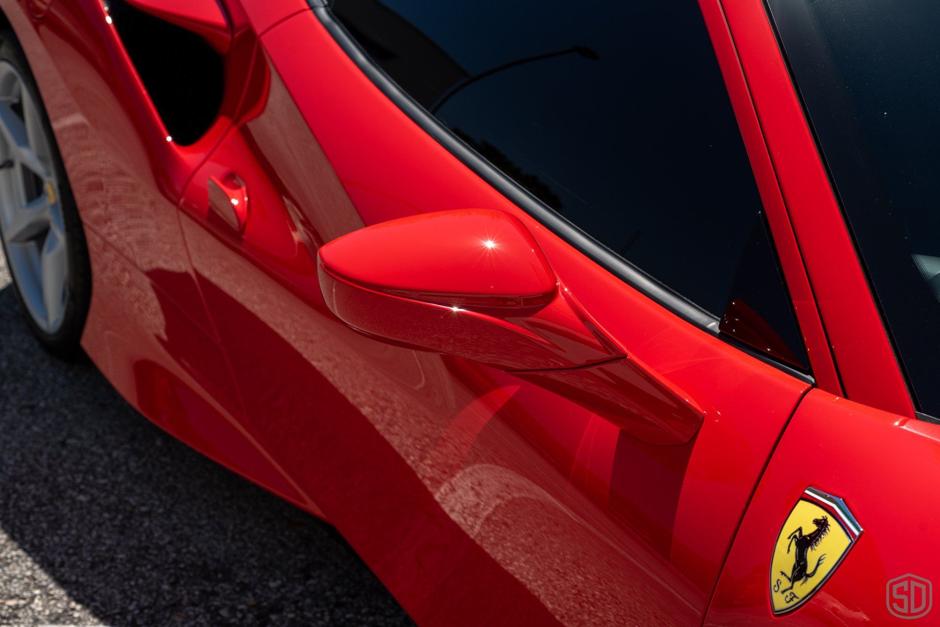 Ferrari Rosso Scuderia F8 full paint correction & full paint protection film wrap side panel close up Florida