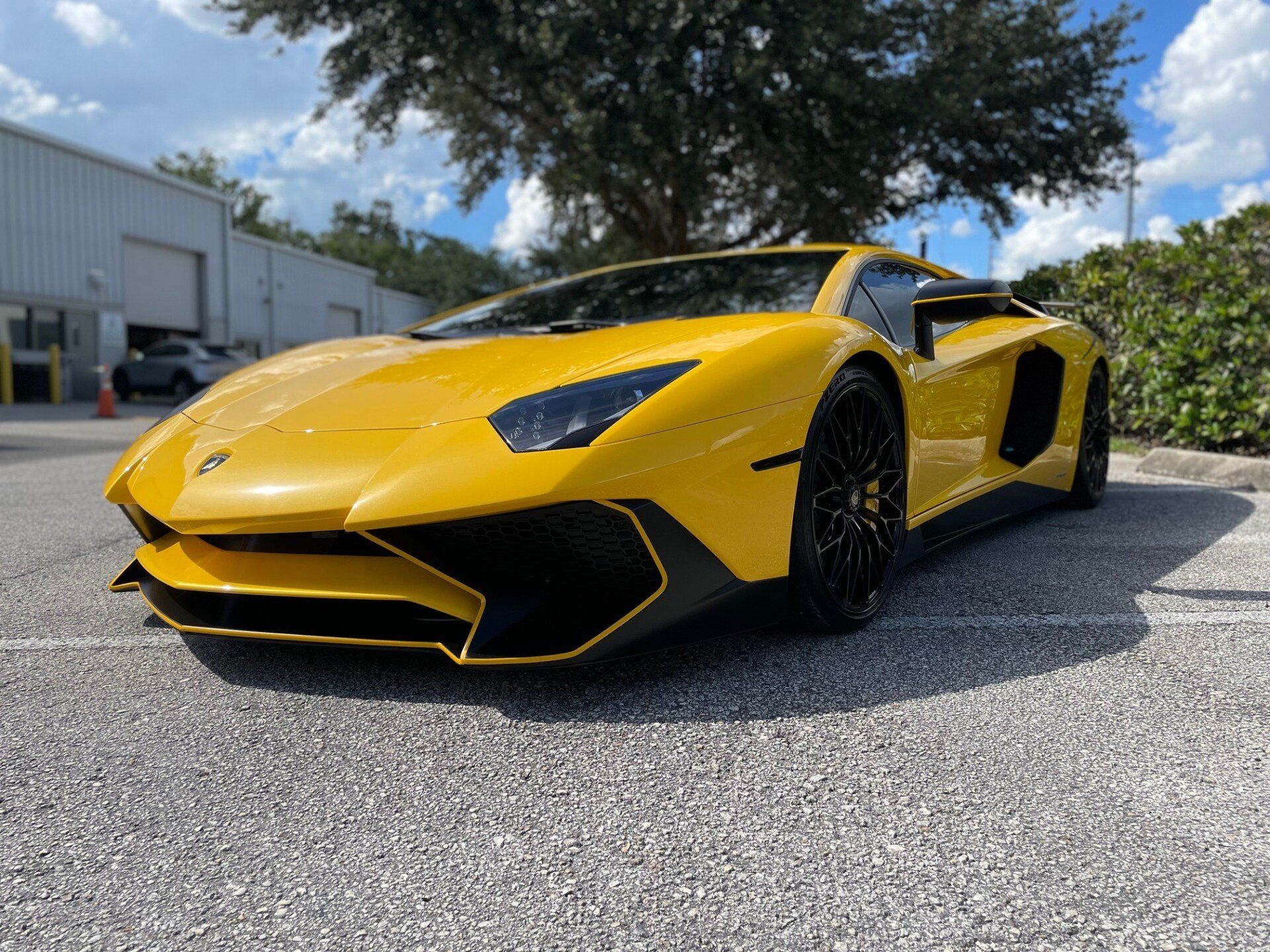 A yellow lamborghini aventador is parked in a parking lot.