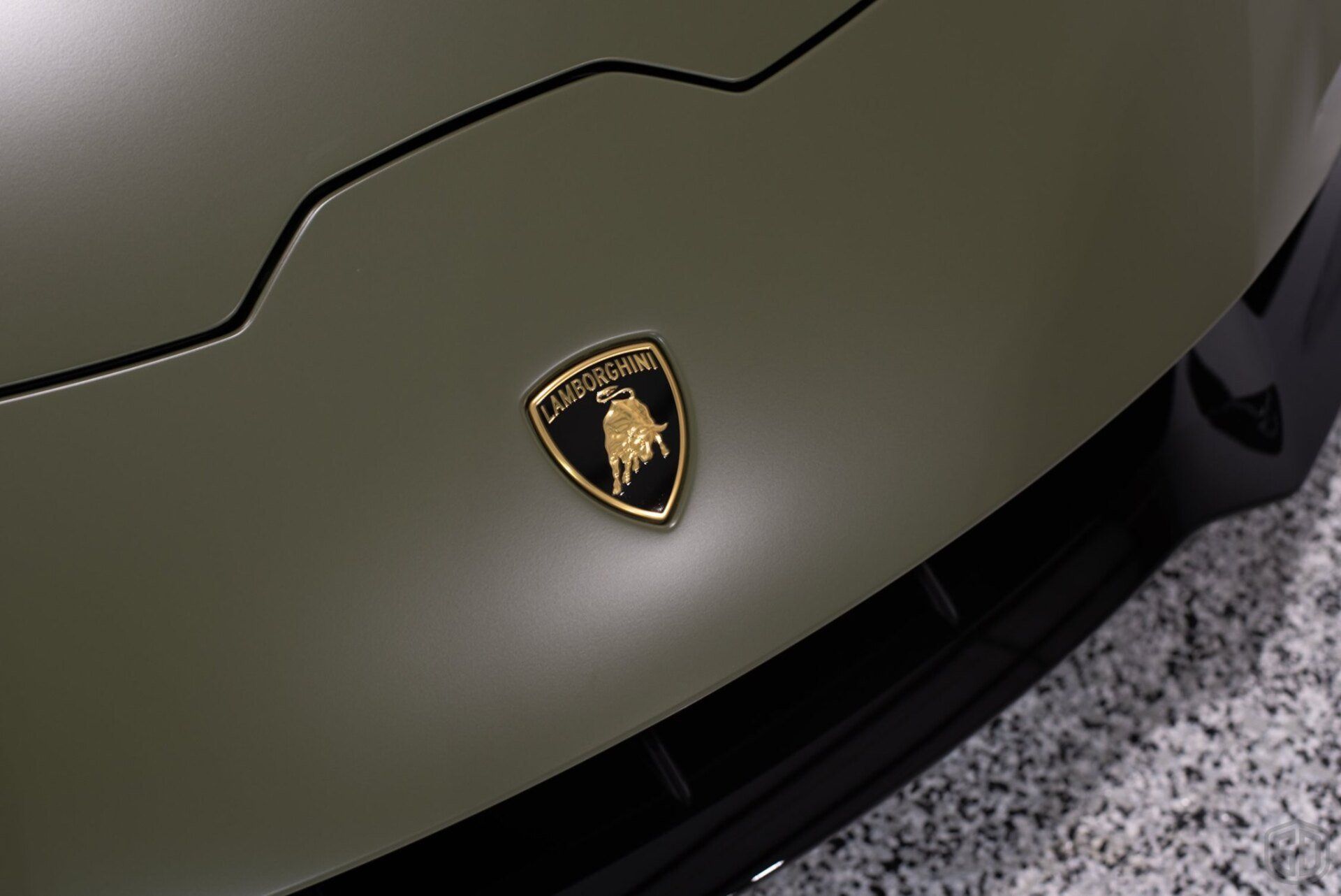 A close up of a lamborghini logo on the front of a car.
