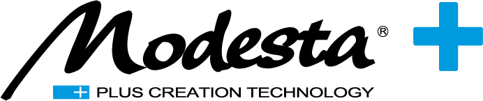 A logo for modesta plus creation technology with a blue cross