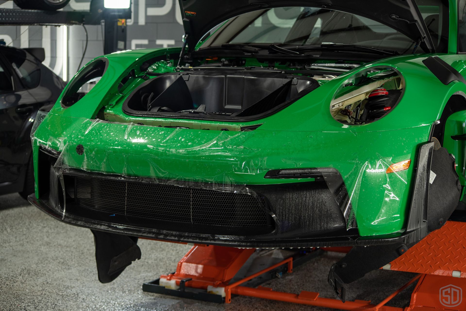 Porsche 911 GT3RS Level 2 Paint Correction, Modesta BC-08 Ceramic Coating, Paint Protection Film to High Impact Areas installation in progress Orlando, FL