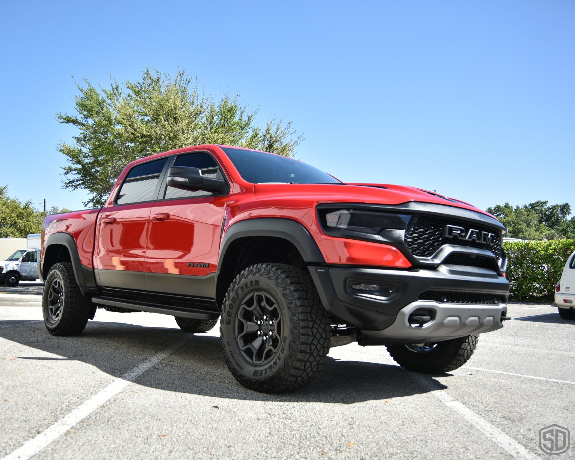 RAM TRX Stek Dynoflex windshield protection film, matte ppf, Modesta BC-04 to the paint work, Plastic trim with Modesta Exterior Plastic Coating rear view close up Florida