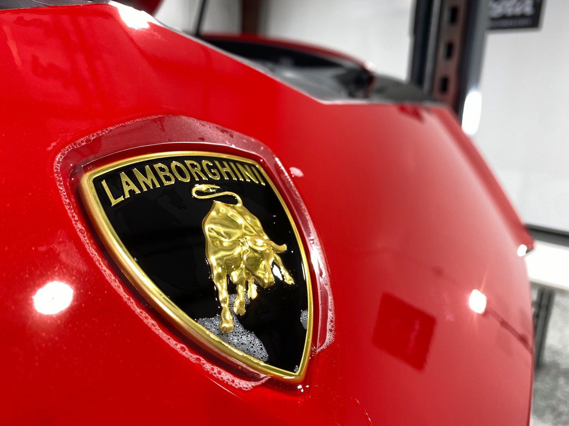 A close up of a lamborghini emblem on a red car