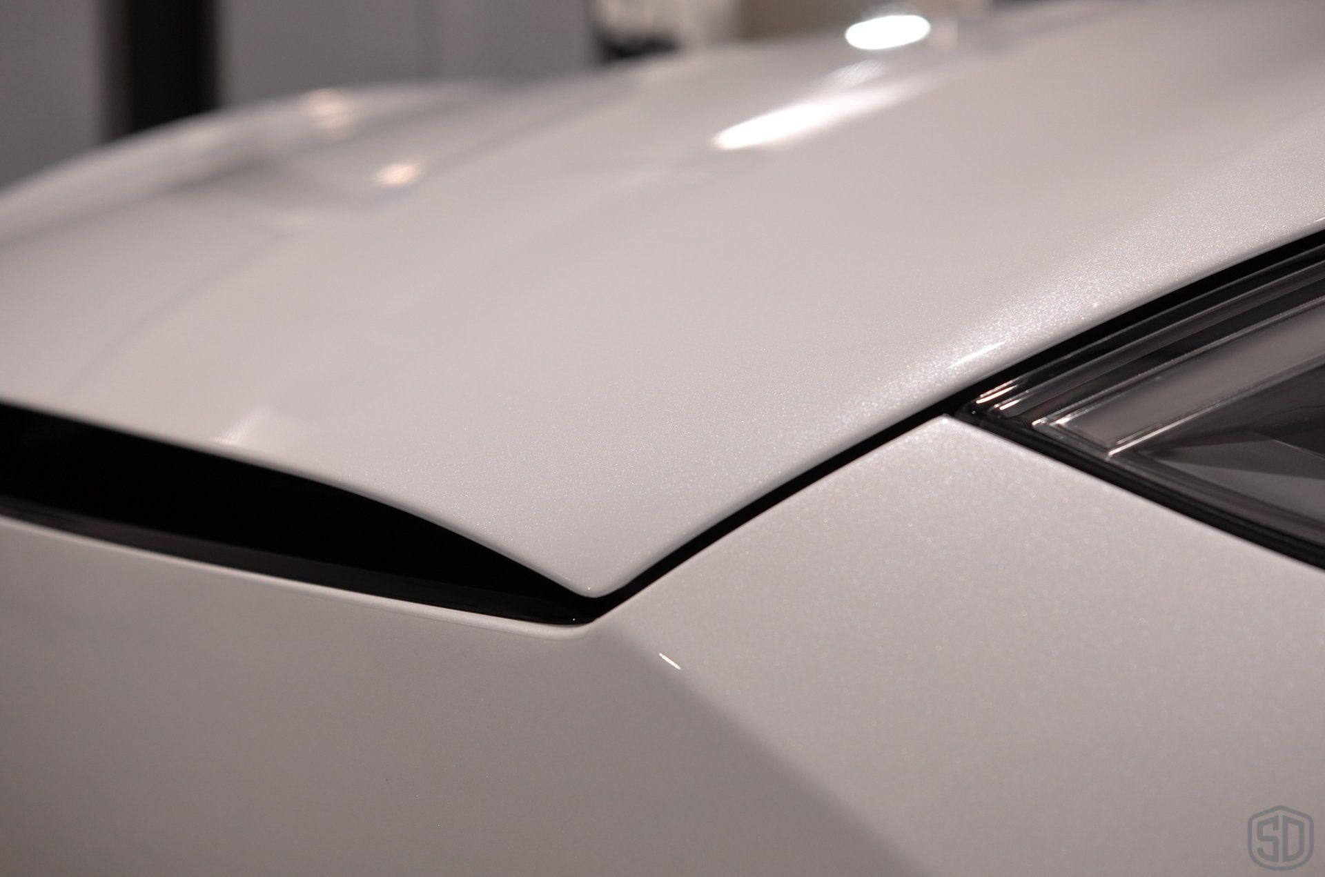 A close up of the hood of a white car