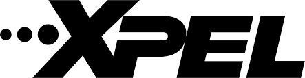 A black and white logo for xpel on a white background