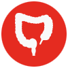 Un ícono blanco de un intestino grueso dentro de un círculo rojo.