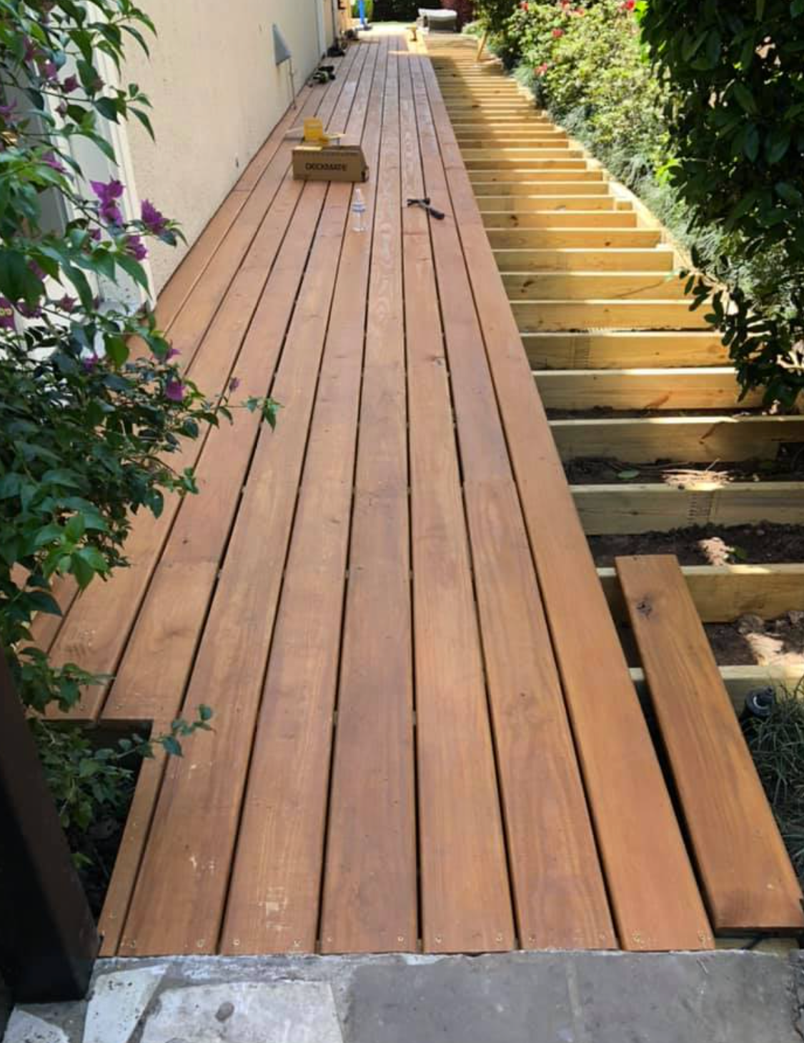 Wooden ramp and staircase outdoors; steps alongside a sloped wooden deck, plants on either side.