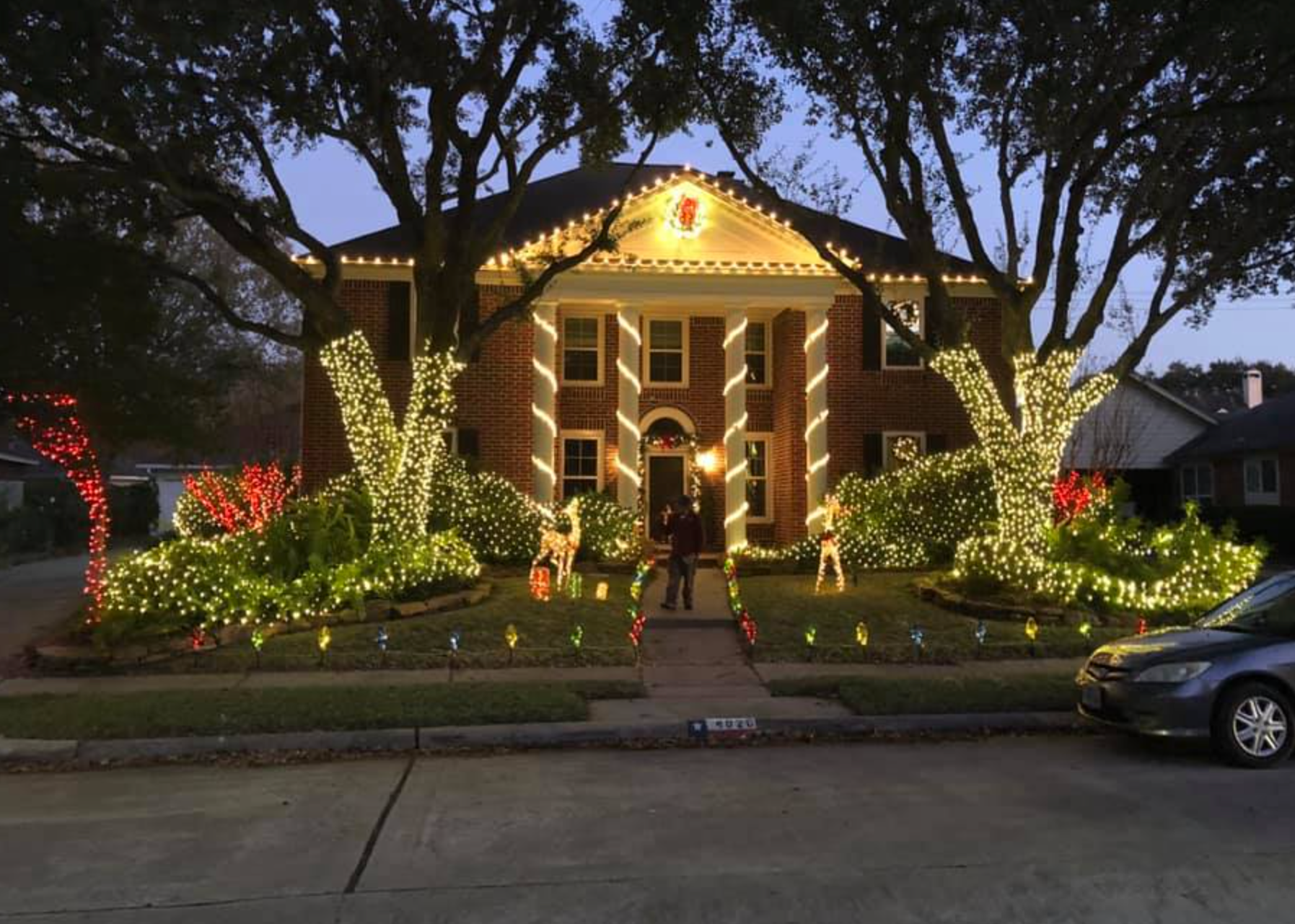 House decorated with Christmas lights and reindeer statues.