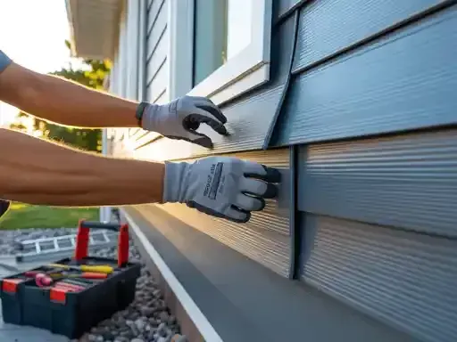 Person installing gray siding on a house, next to a window. Hands wearing gloves. Tool box in the foreground.