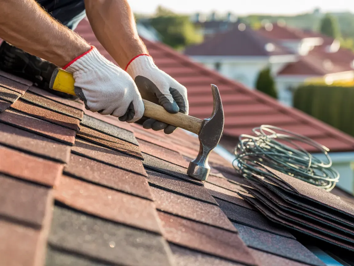 Roofer wearing gloves, hammering shingles on a roof.
