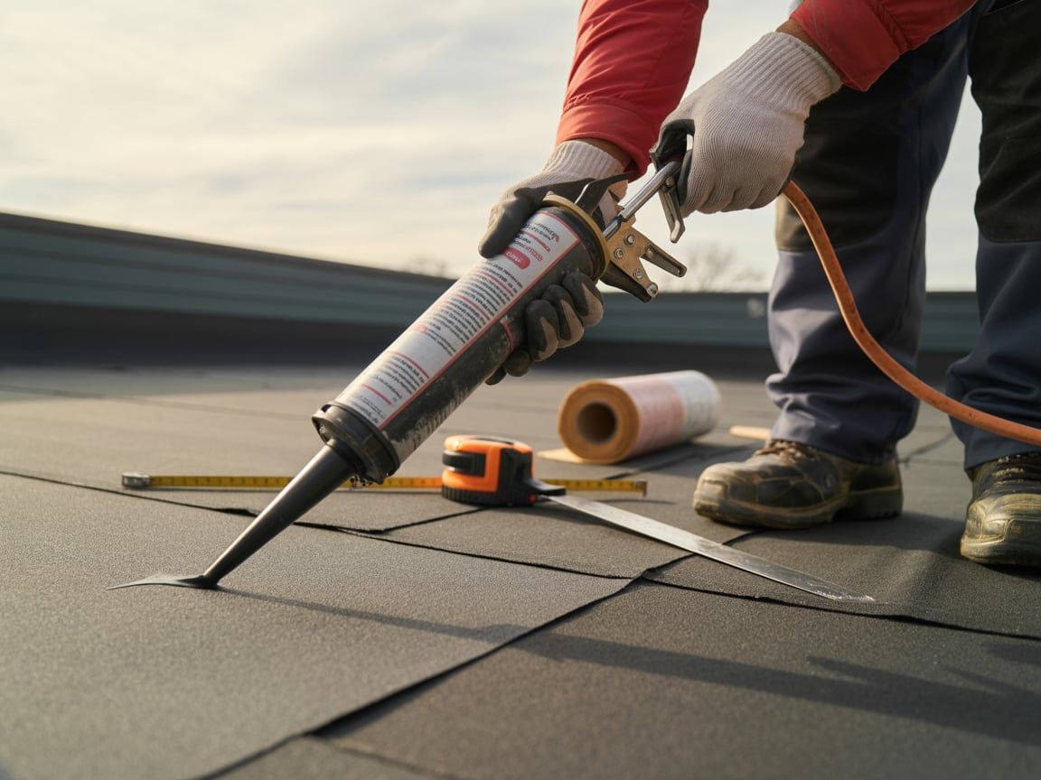 Roofer applying sealant to a flat roof with a caulk gun, wearing gloves and work boots.
