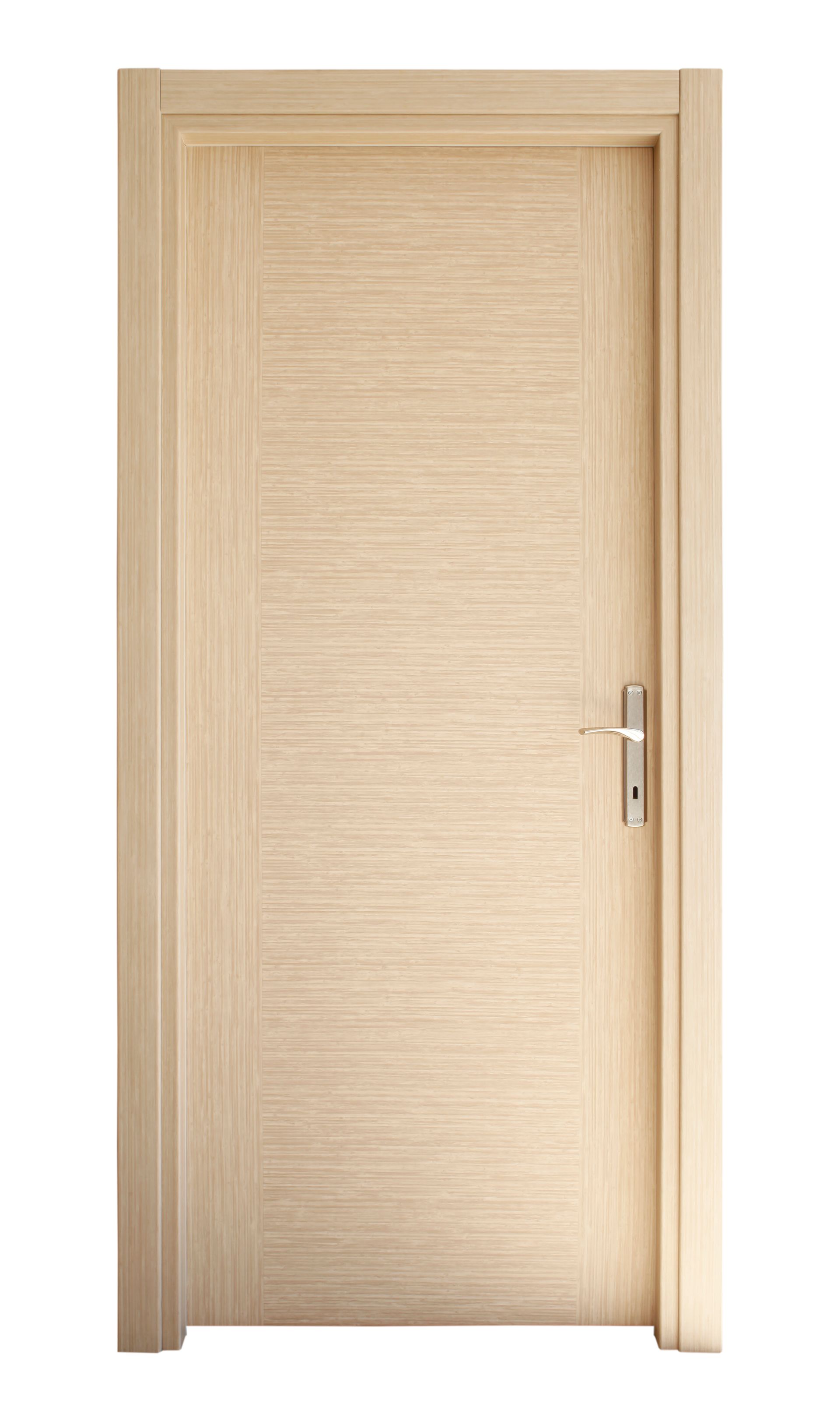 Una porta di legno con una maniglia su uno sfondo bianco.