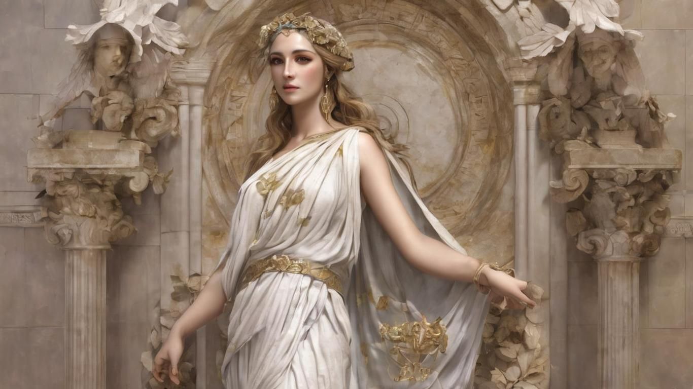 Woman in white toga, gold accents, floral crown, arms outstretched in classical setting.