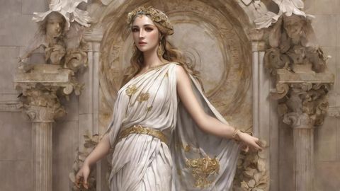 Woman in white toga, gold accents, floral crown, arms outstretched in classical setting.