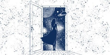 A woman is standing in front of an open door with a galaxy in the background.