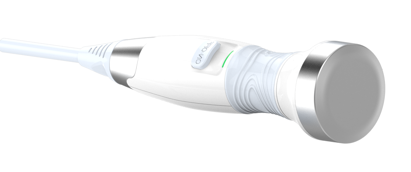 A close up of a white ultrasound probe on a white background.