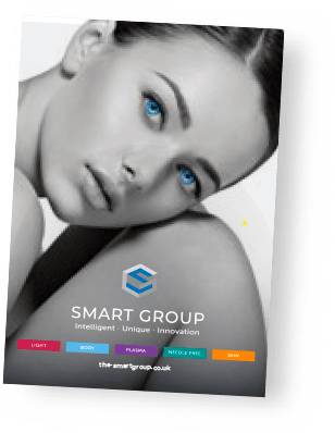 A black and white photo of a woman with blue eyes and the words smart group on the bottom