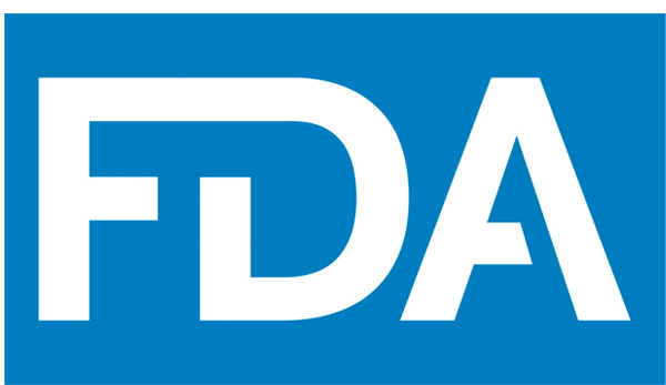 A blue and white fda logo on a white background