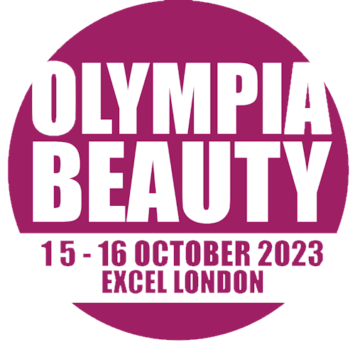 The logo for olympia beauty is purple and white and says 15 - 16 october 2023 excel london.