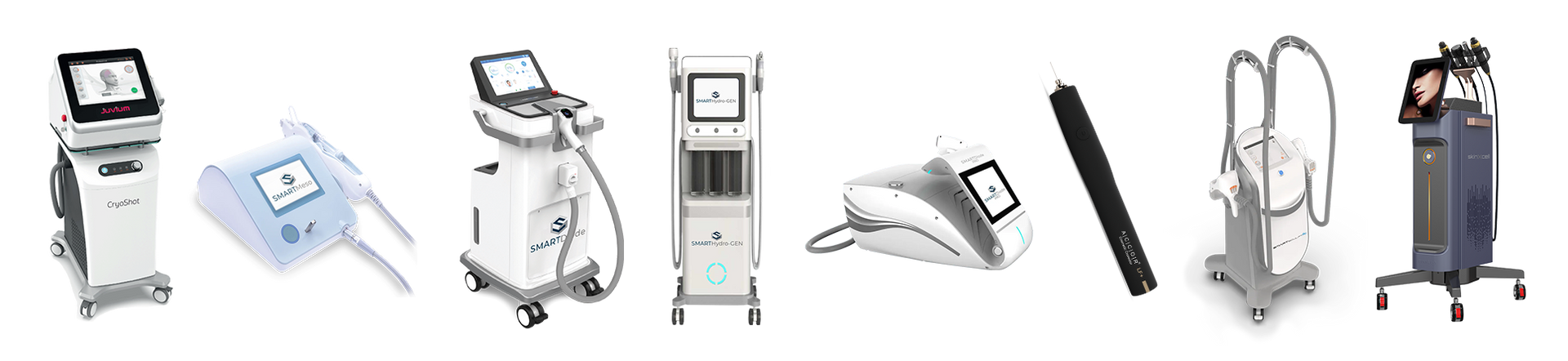 A row of different types of medical equipment on a white background.