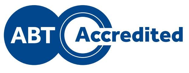 The abt accredited logo is blue and white on a white background.
