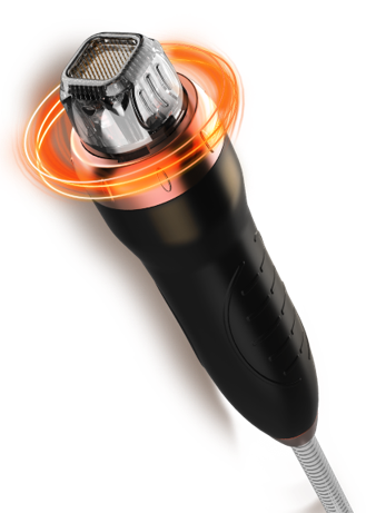 A close up of a shaver with an orange ring around it.