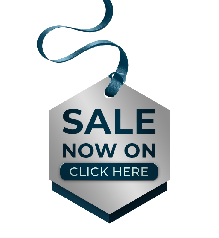 A silver tag with a blue ribbon that says `` sale now on click here ''.