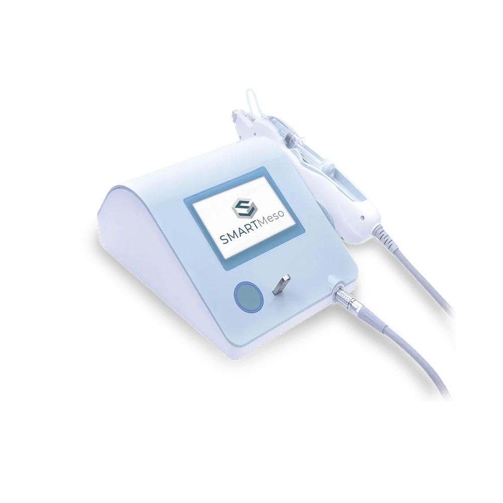 A white device with a screen and a syringe attached to it.