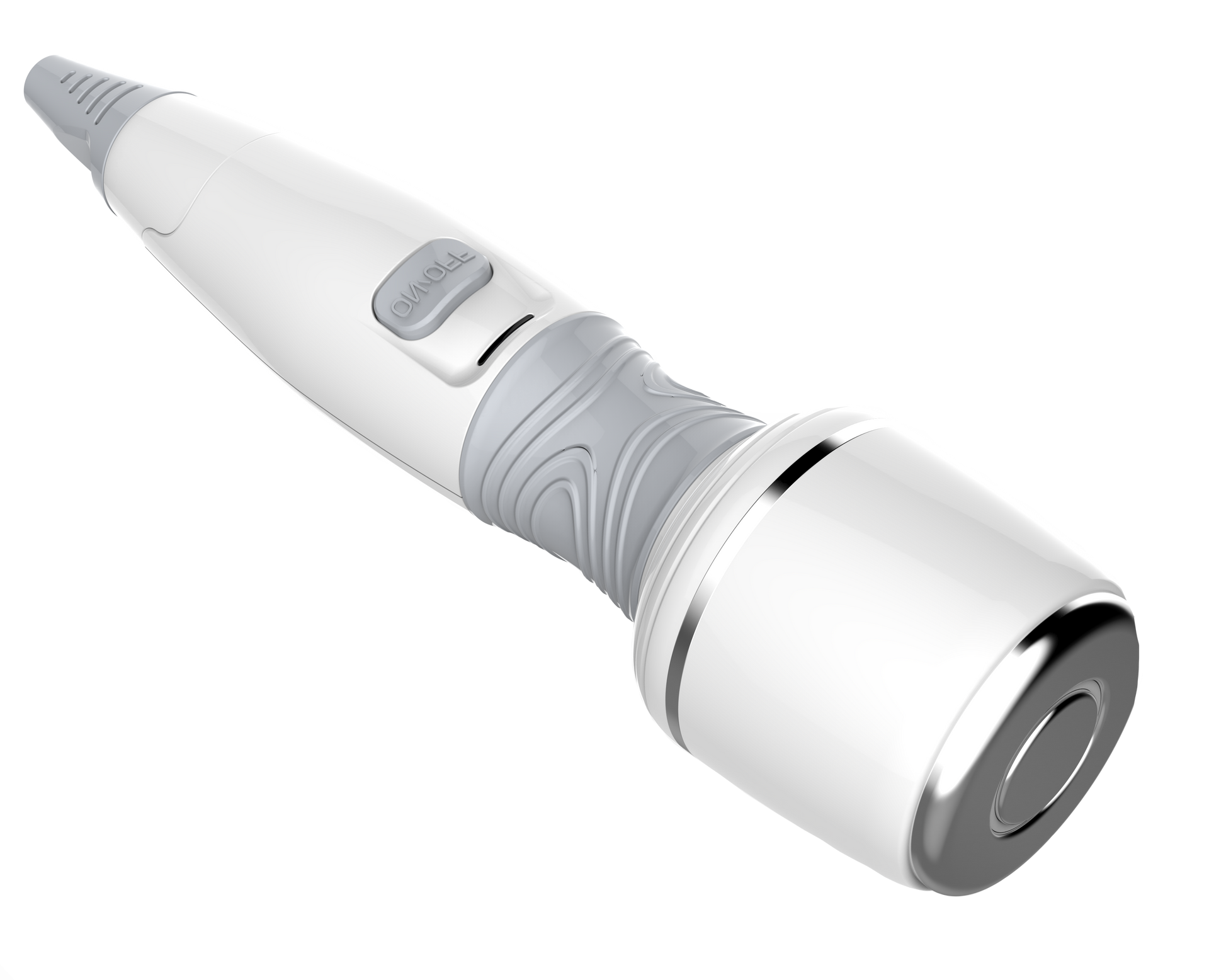 A white and gray massager with a button on the side.