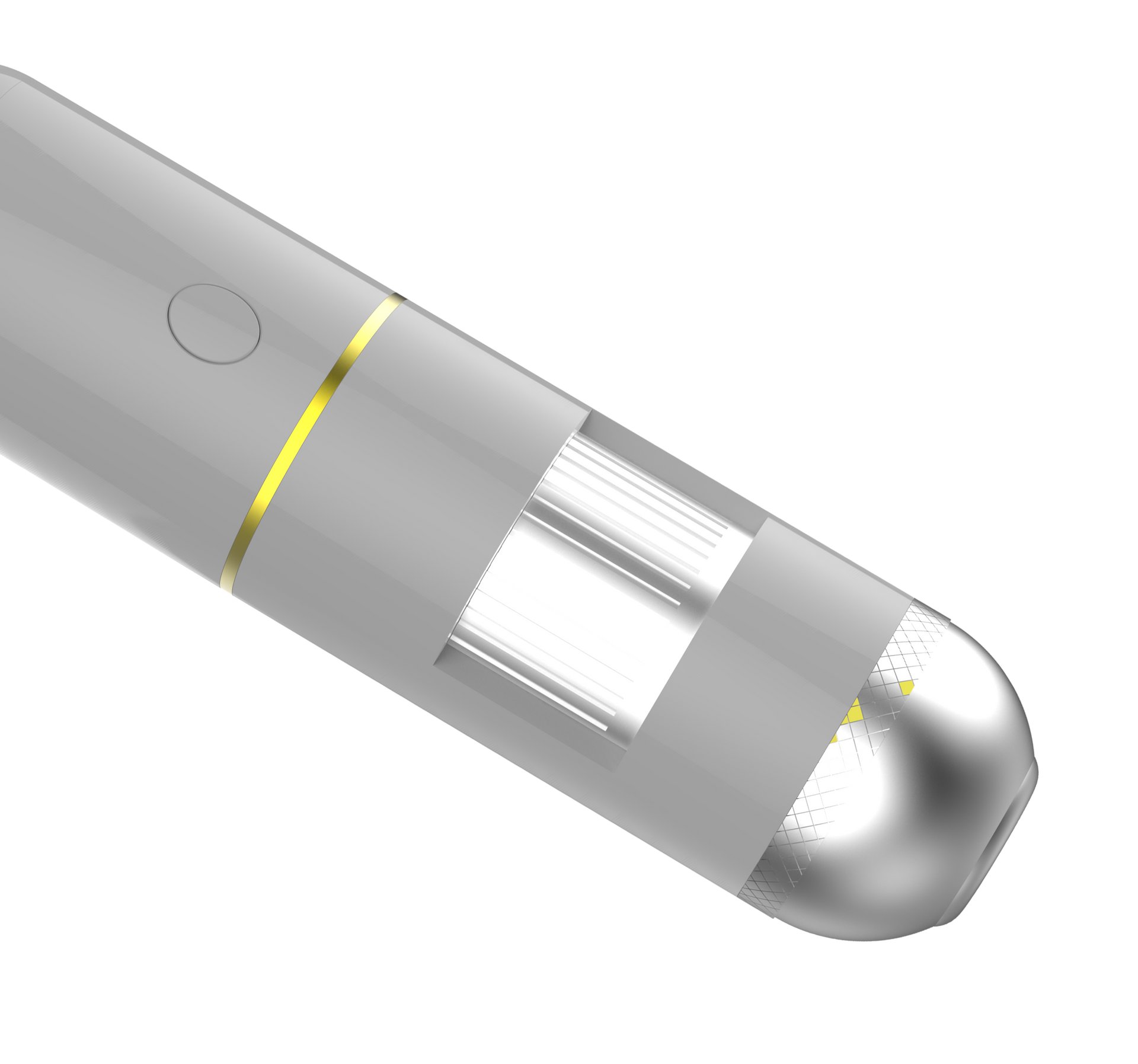 A close up of a gray object with a yellow stripe on it on a white background.