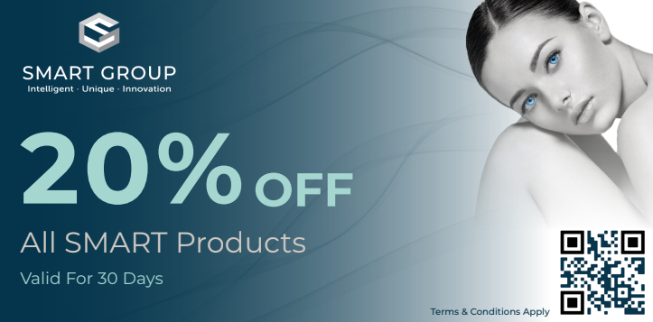 A woman 's face is on a poster that says 20 % off all smart products valid for 30 days