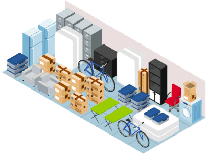Isometric view of a storage unit filled with boxes, furniture, appliances, and two bicycles.