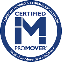 Blue and white ProMover logo: Certified by the American Moving & Storage Association; features a stylized