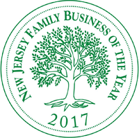 New Jersey Family Business of the Year award seal, 2017. Green tree graphic in a circle.
