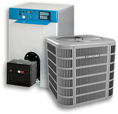 Heating and cooling system components: furnace, air conditioner.