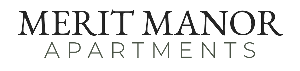 Merit Manor Apartments logo, black serif font, "Merit Manor" above, "APARTMENTS" in gray below.