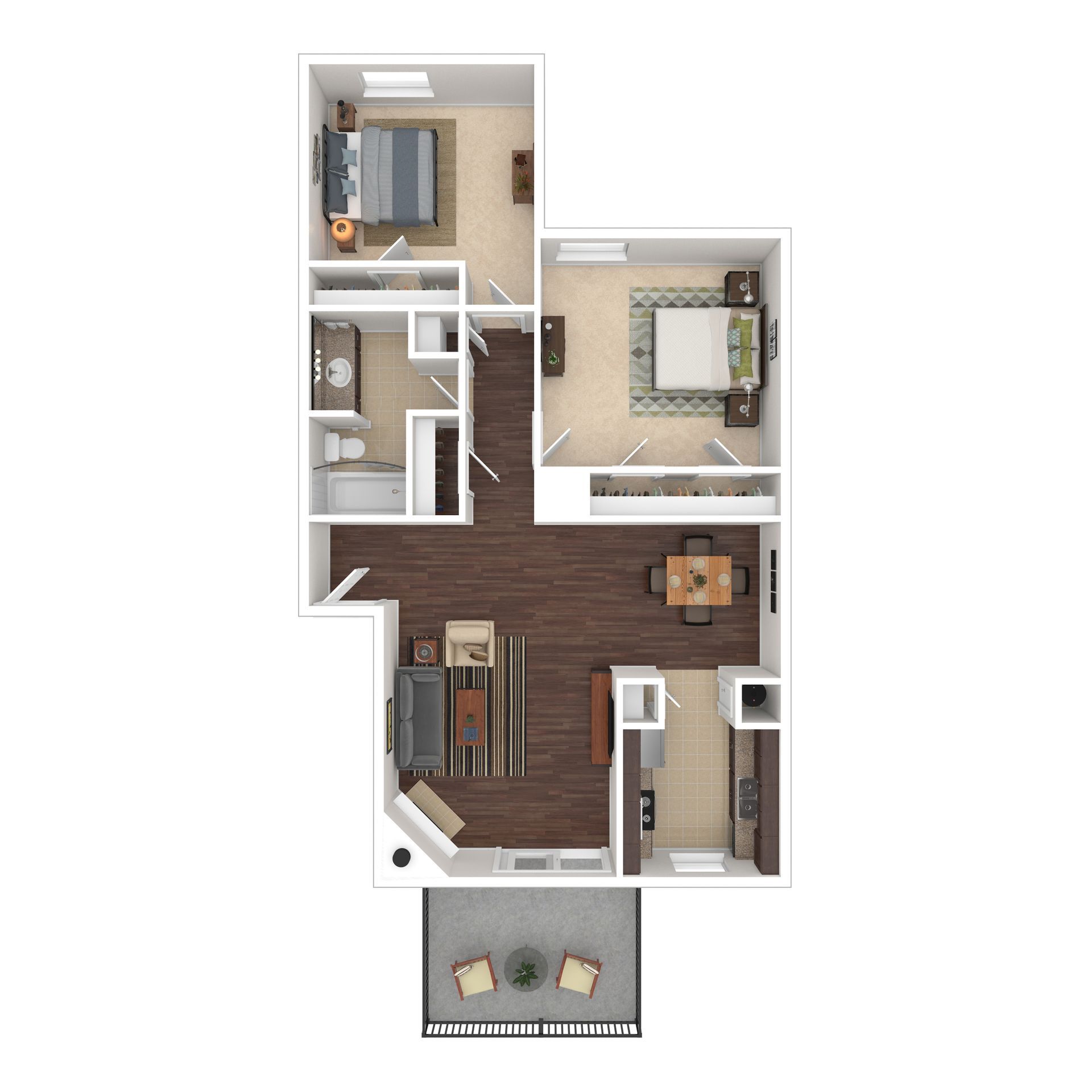 Floor plan: Two-bedroom apartment with a living room, dining area, kitchen, and balcony. Dark brown floors throughout.