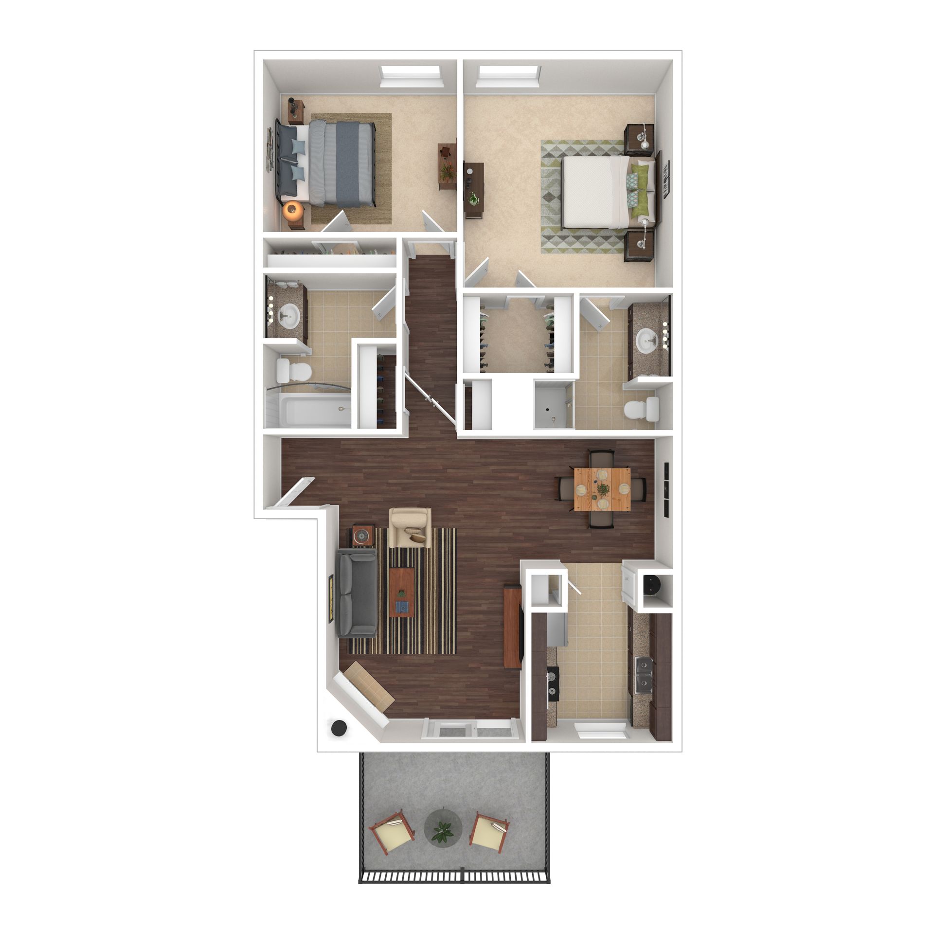 Floor plan of a two-bedroom apartment with a kitchen, dining area, living room, and balcony.