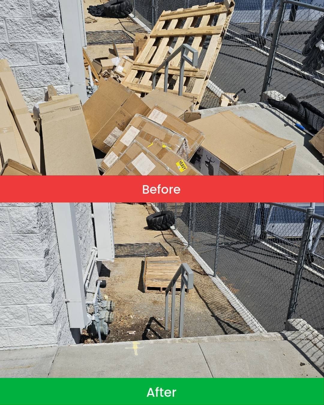 Before and after photos of a cleanup effort. Top shows pile of boxes and pallets; bottom shows the area cleared.
